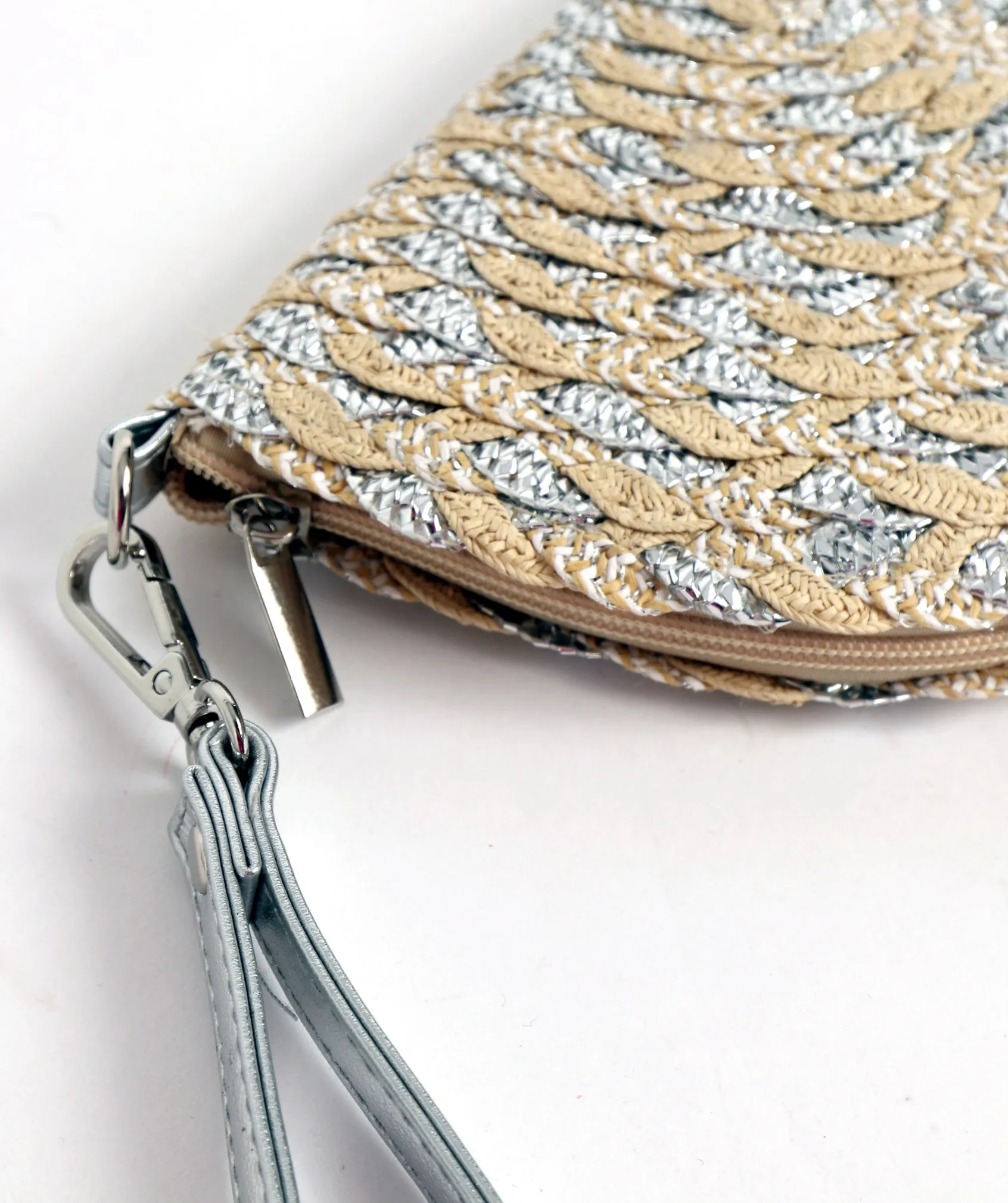 Silver Half Moon Clutch with Zip Closure and Pockets
