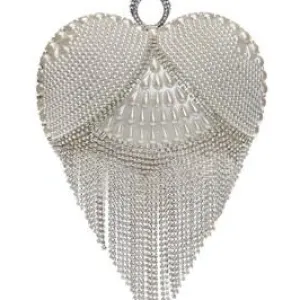 Silver Pearl and Diamante Embellished Heart Waterfall Clutch Bag