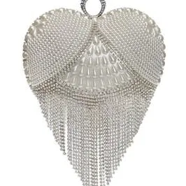 Silver Pearl and Diamante Embellished Heart Waterfall Clutch Bag