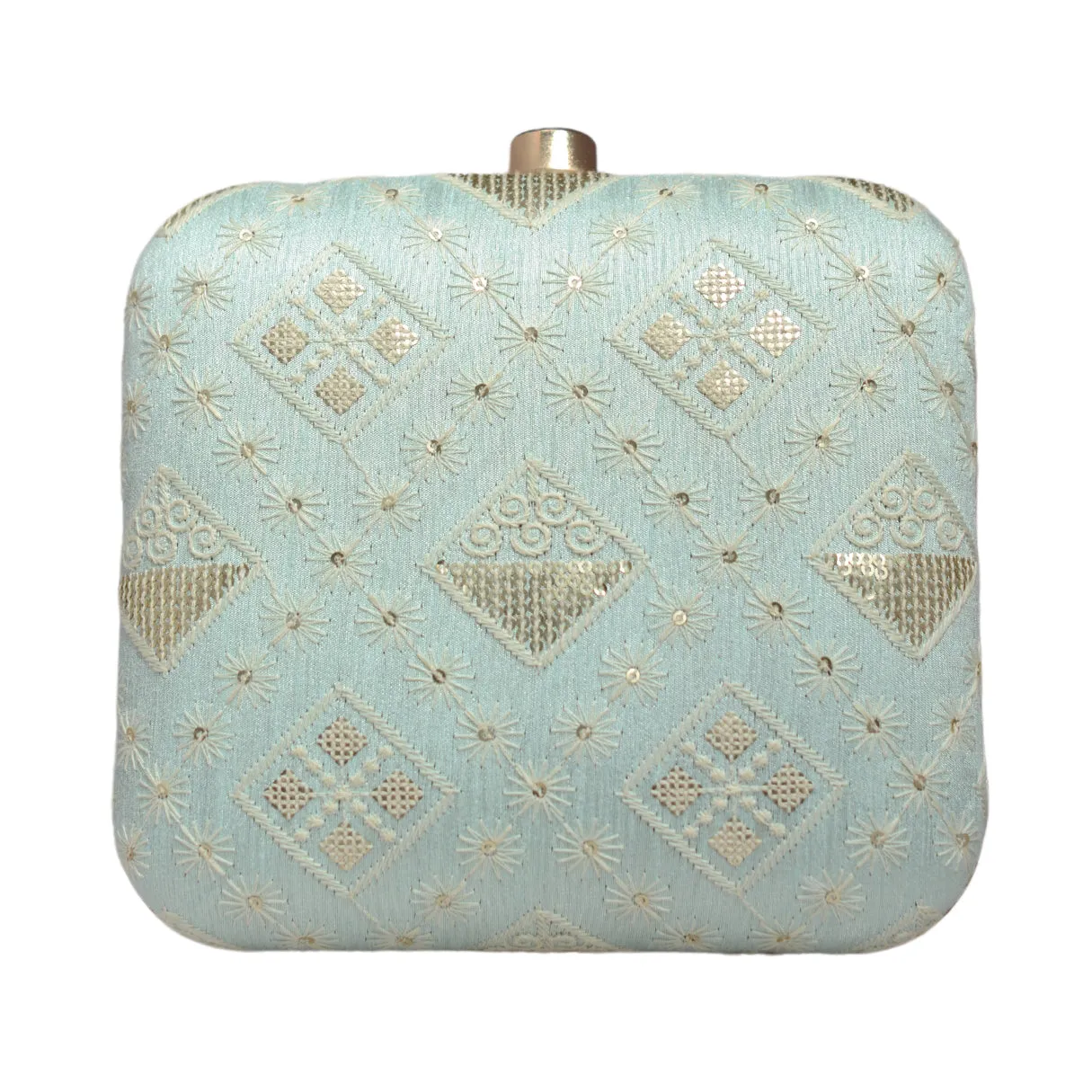 Sky Blue Threadwork And Sequins Embroidery Clutch