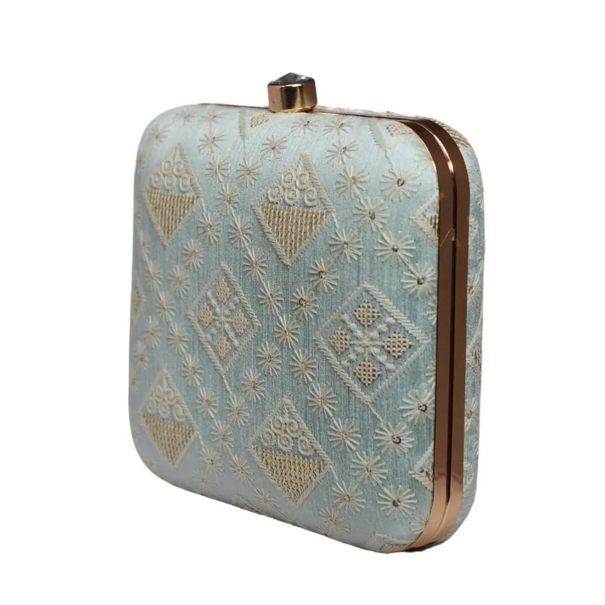 Sky Blue Threadwork And Sequins Embroidery Clutch