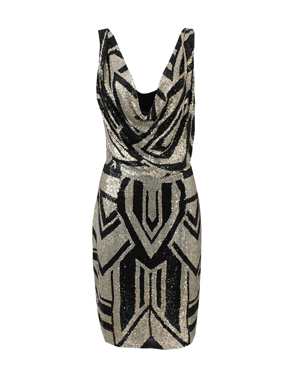 Sleeveless Deco Sequin Cowl Dress