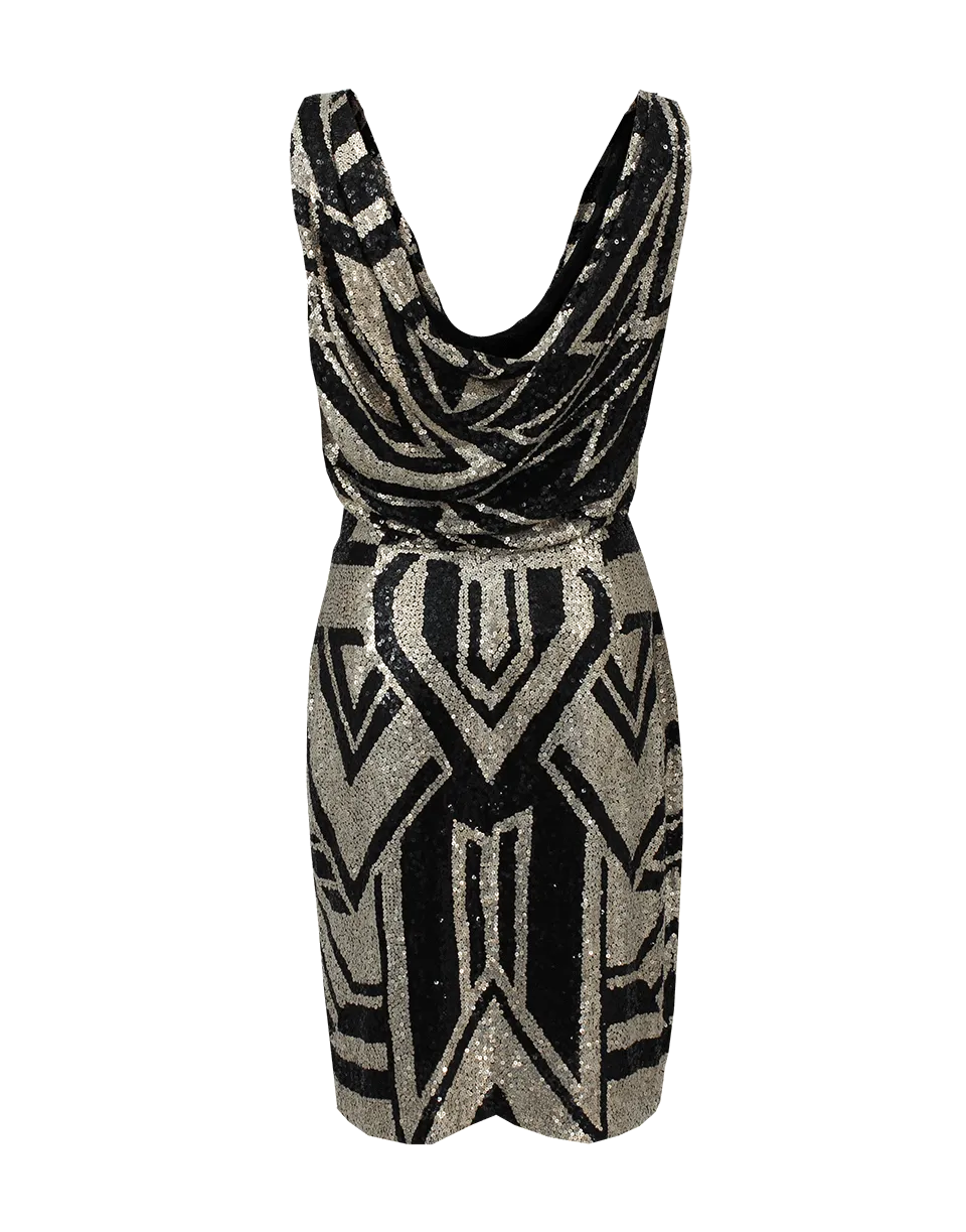 Sleeveless Deco Sequin Cowl Dress