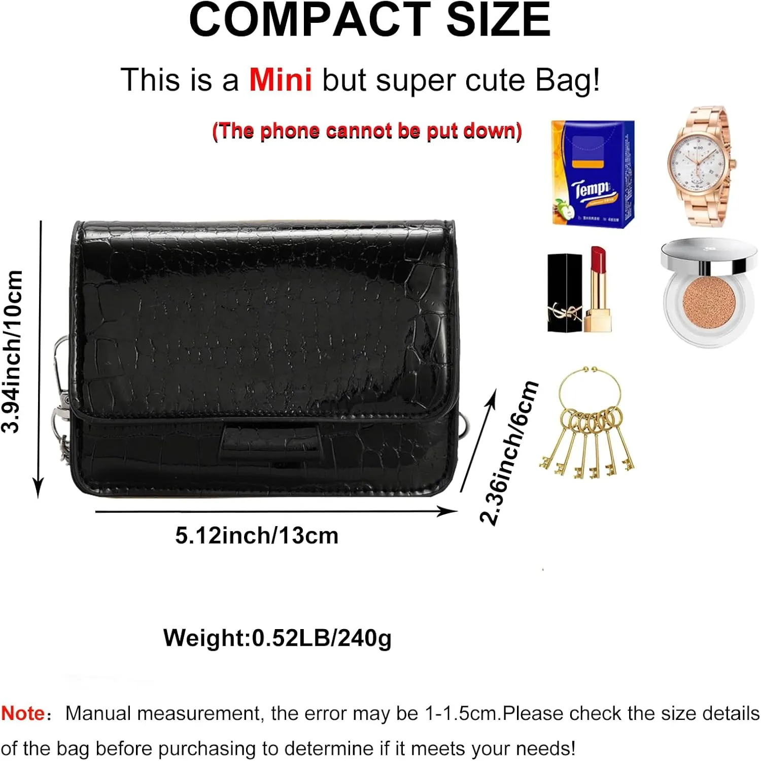 Small Crossbody Purse Bag for Women,Mini Cute Metallic Croc-Embossed Handbag with Chain Strap