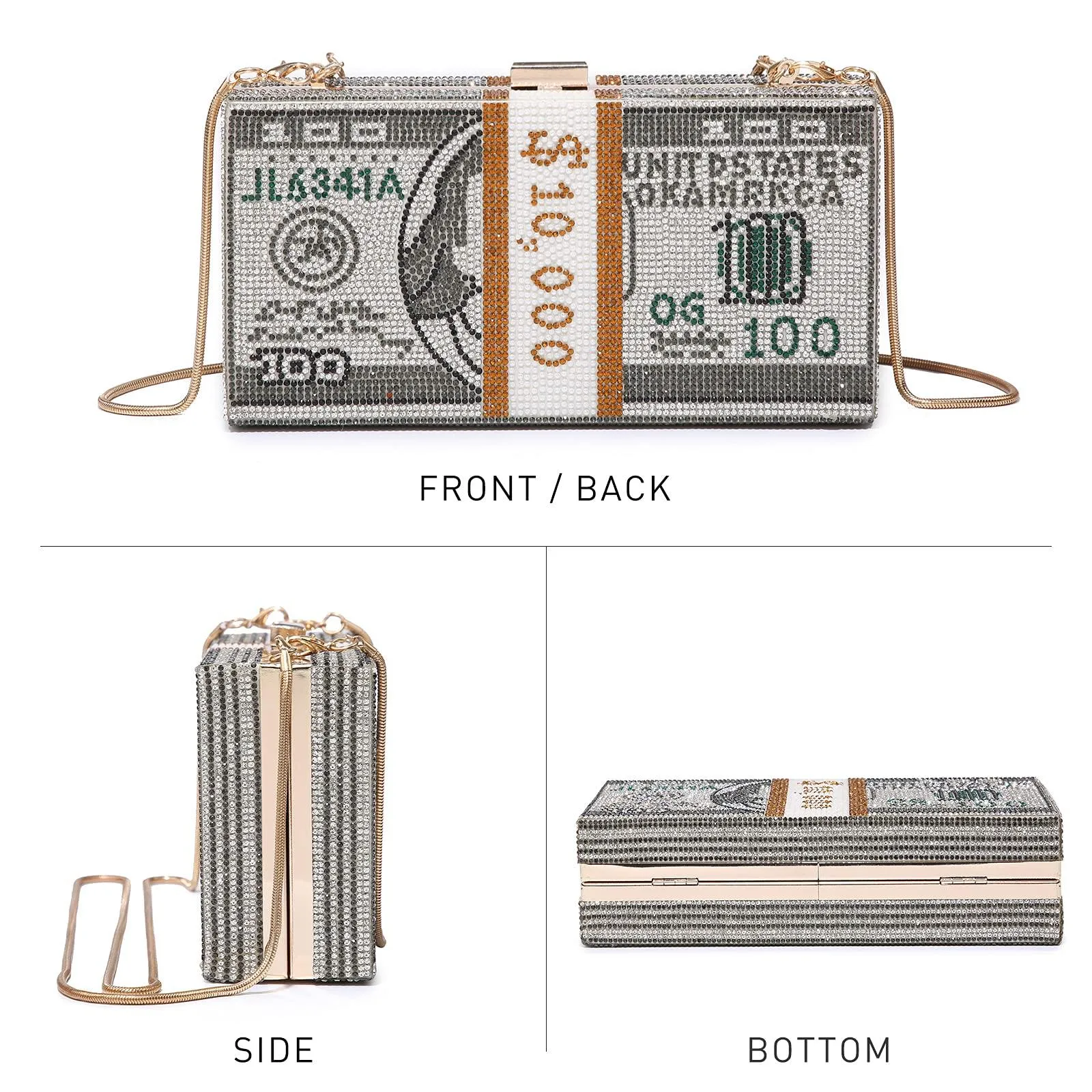 Stack of Cash Dollars Clutch Party Purse Crystal Evening Bag Cocktail for Women