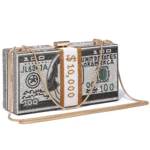 Stack of Cash Dollars Clutch Party Purse Crystal Evening Bag Cocktail for Women