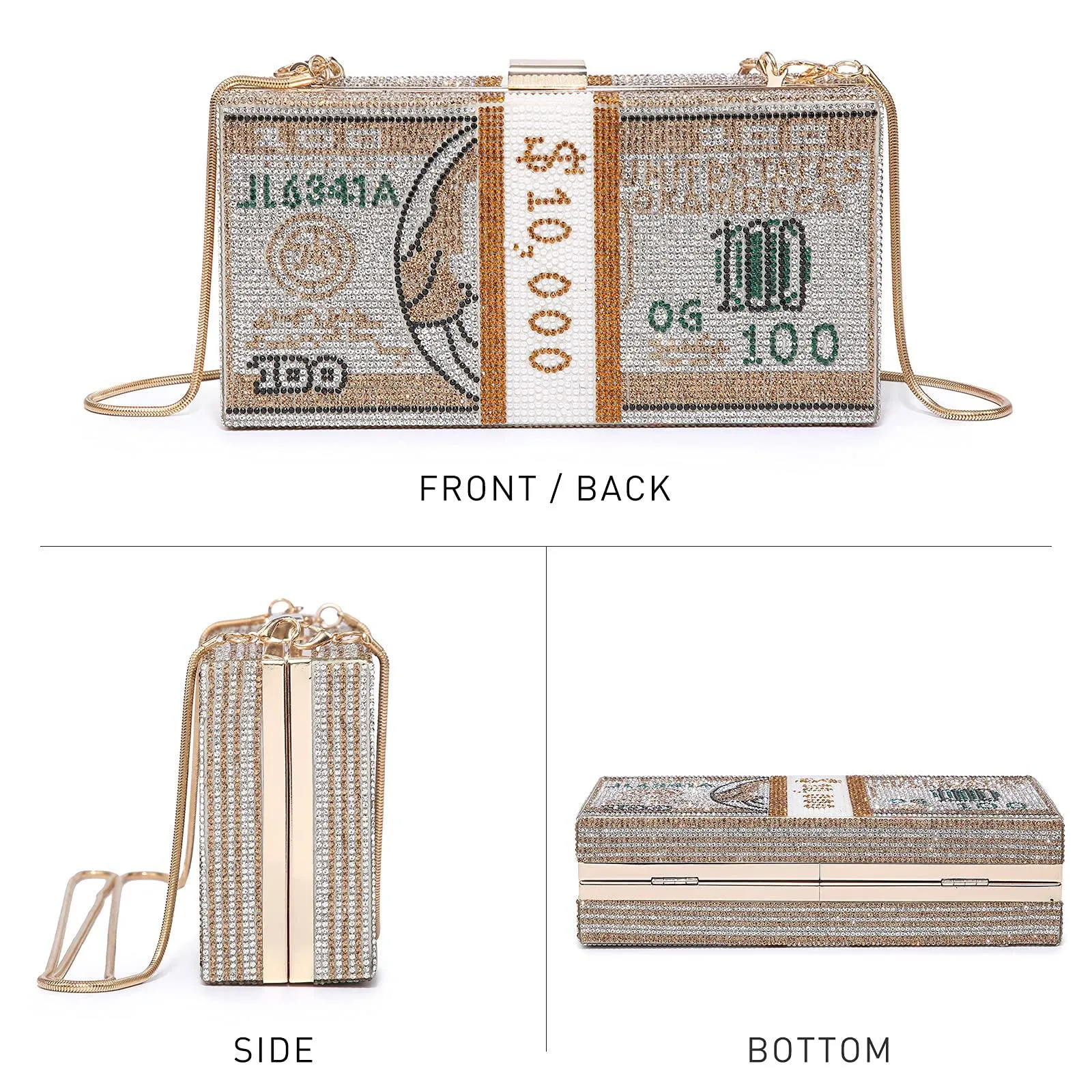 Stack of Cash Dollars Clutch Party Purse Crystal Evening Bag Cocktail for Women