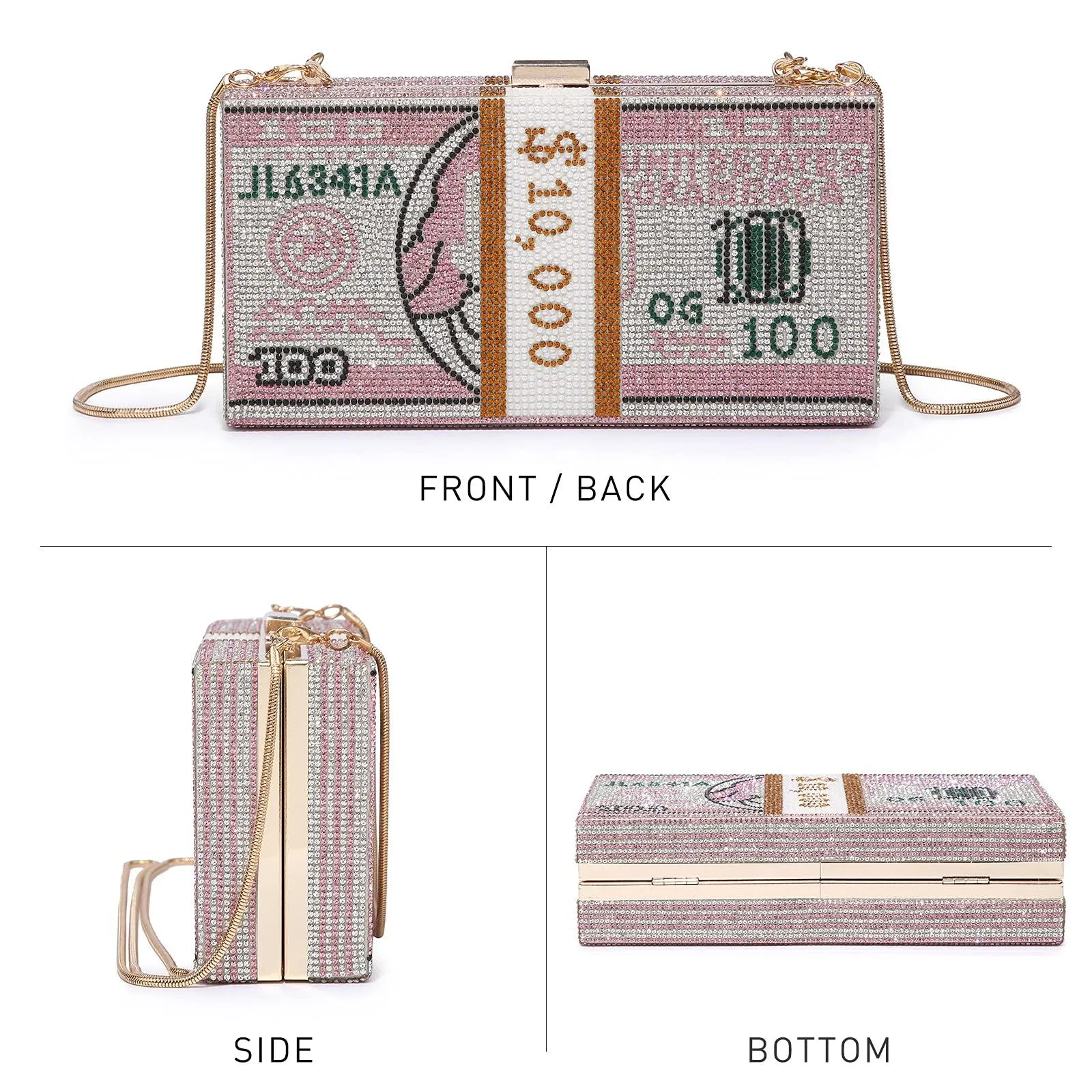 Stack of Cash Dollars Clutch Party Purse Crystal Evening Bag Cocktail for Women