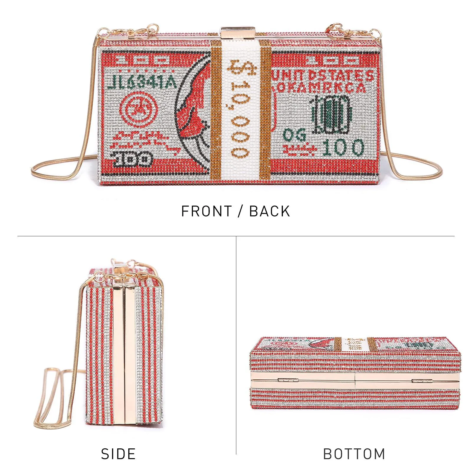 Stack of Cash Dollars Clutch Party Purse Crystal Evening Bag Cocktail for Women