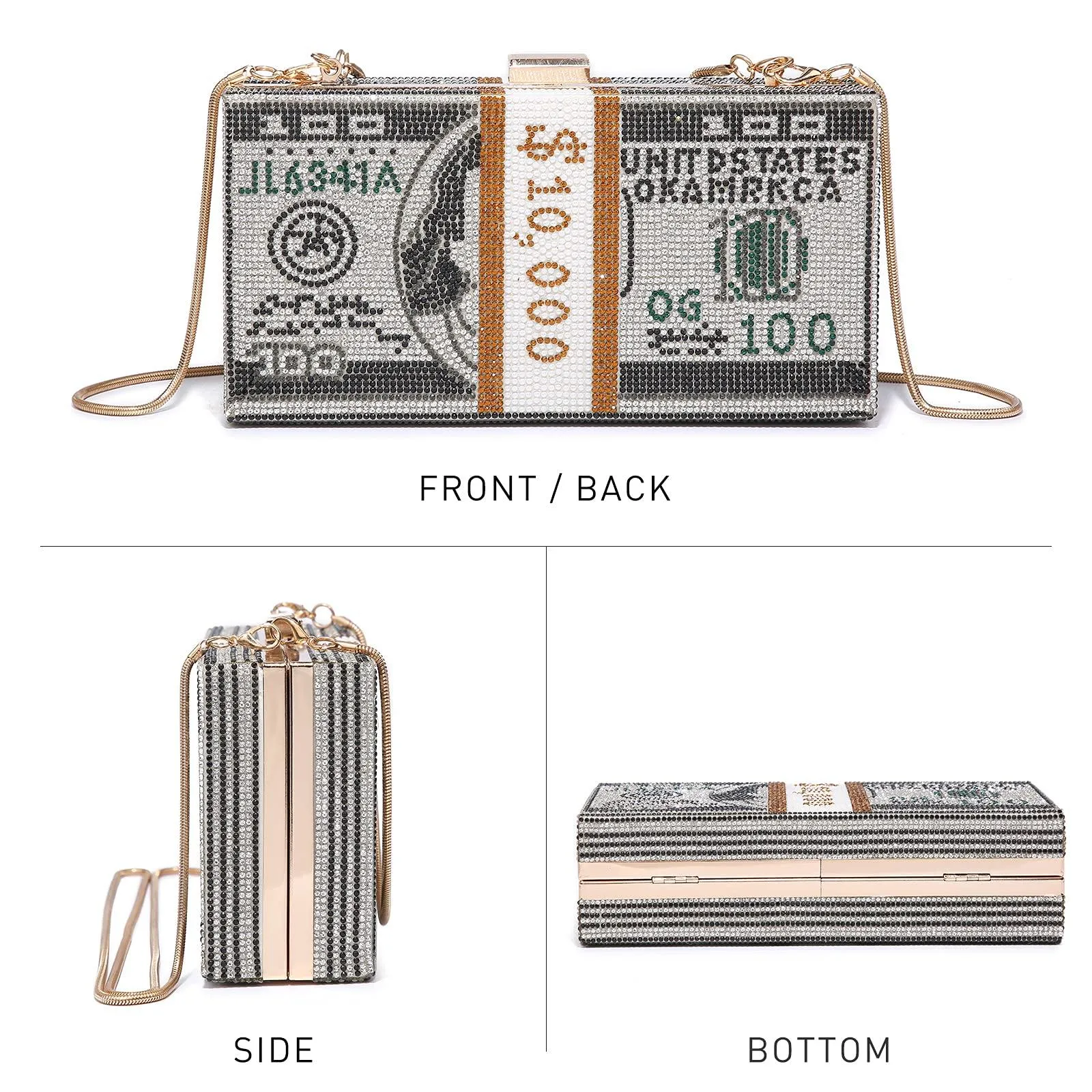 Stack of Cash Dollars Clutch Party Purse Crystal Evening Bag Cocktail for Women