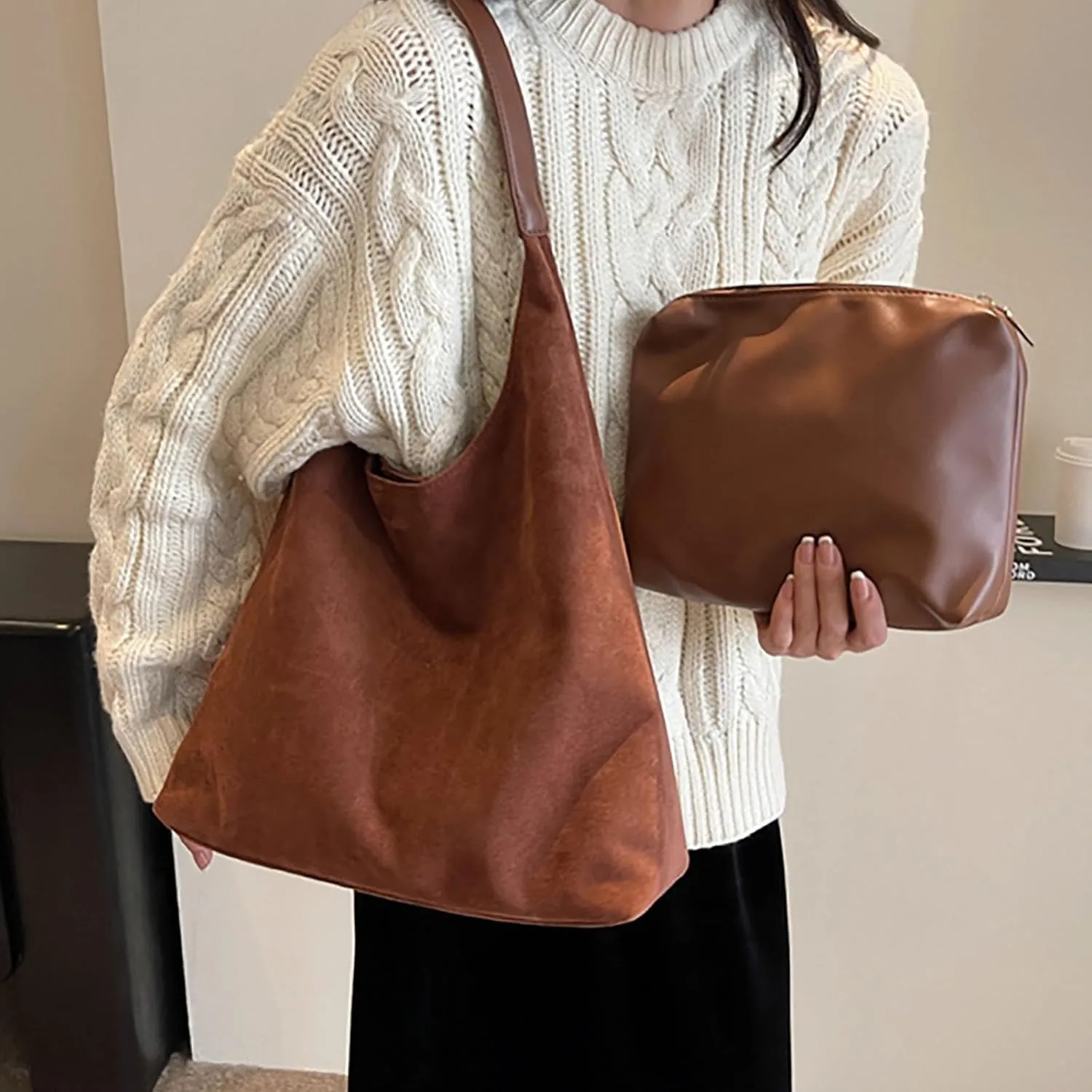Suede Tote Bag for Women Casual Shoulder Bags Underarm Bag 2024 Stylish Large Capacity Work Handbag Retro Hobo Bag