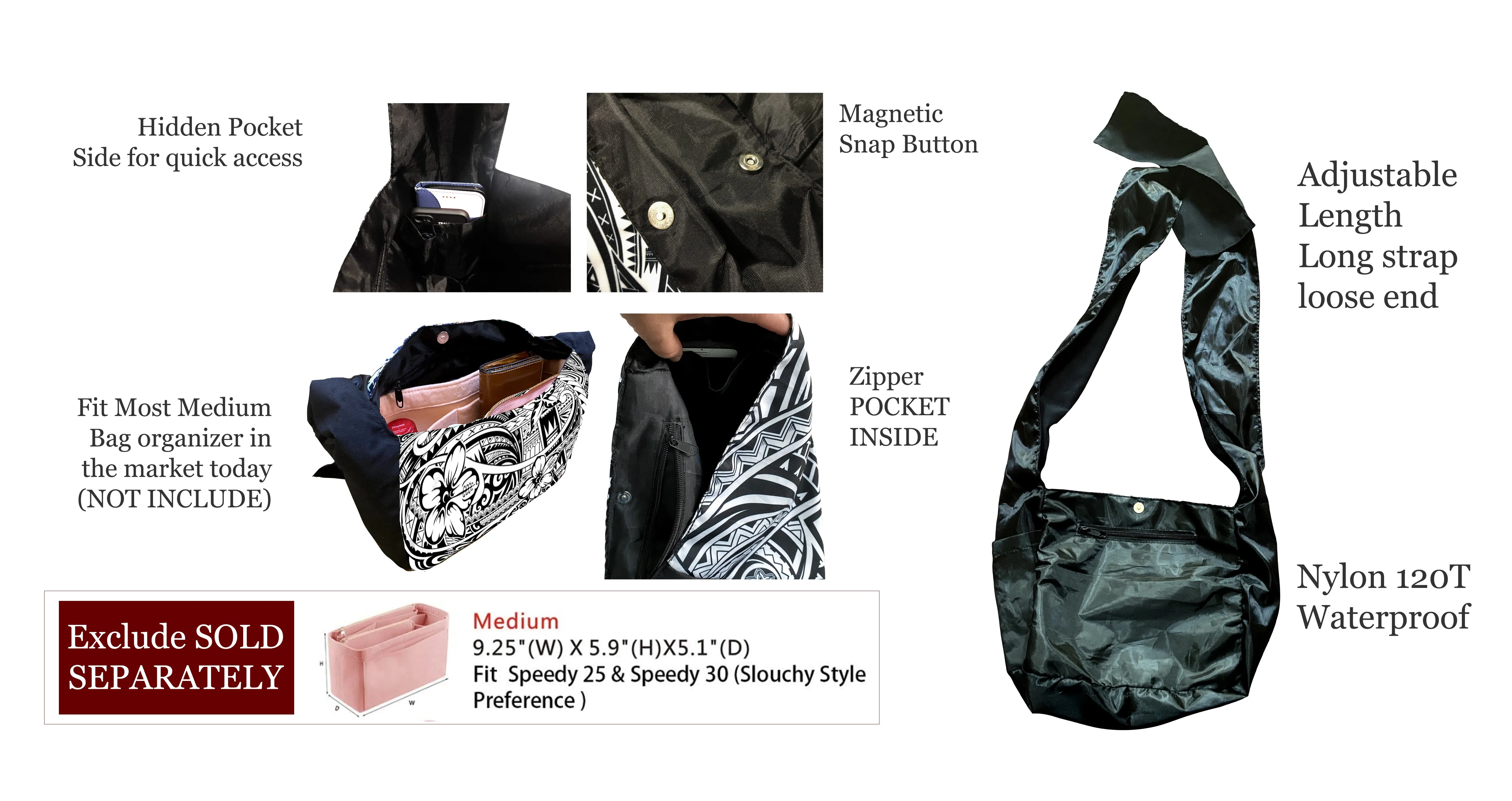 Sunne Tropical Polynesia Hawaiian Tribal Tattoo Adjustable Reversible Packable Tote Bag BLACK