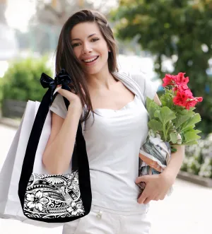 Sunne Tropical Polynesia Hawaiian Tribal Tattoo Adjustable Reversible Packable Tote Bag BLACK