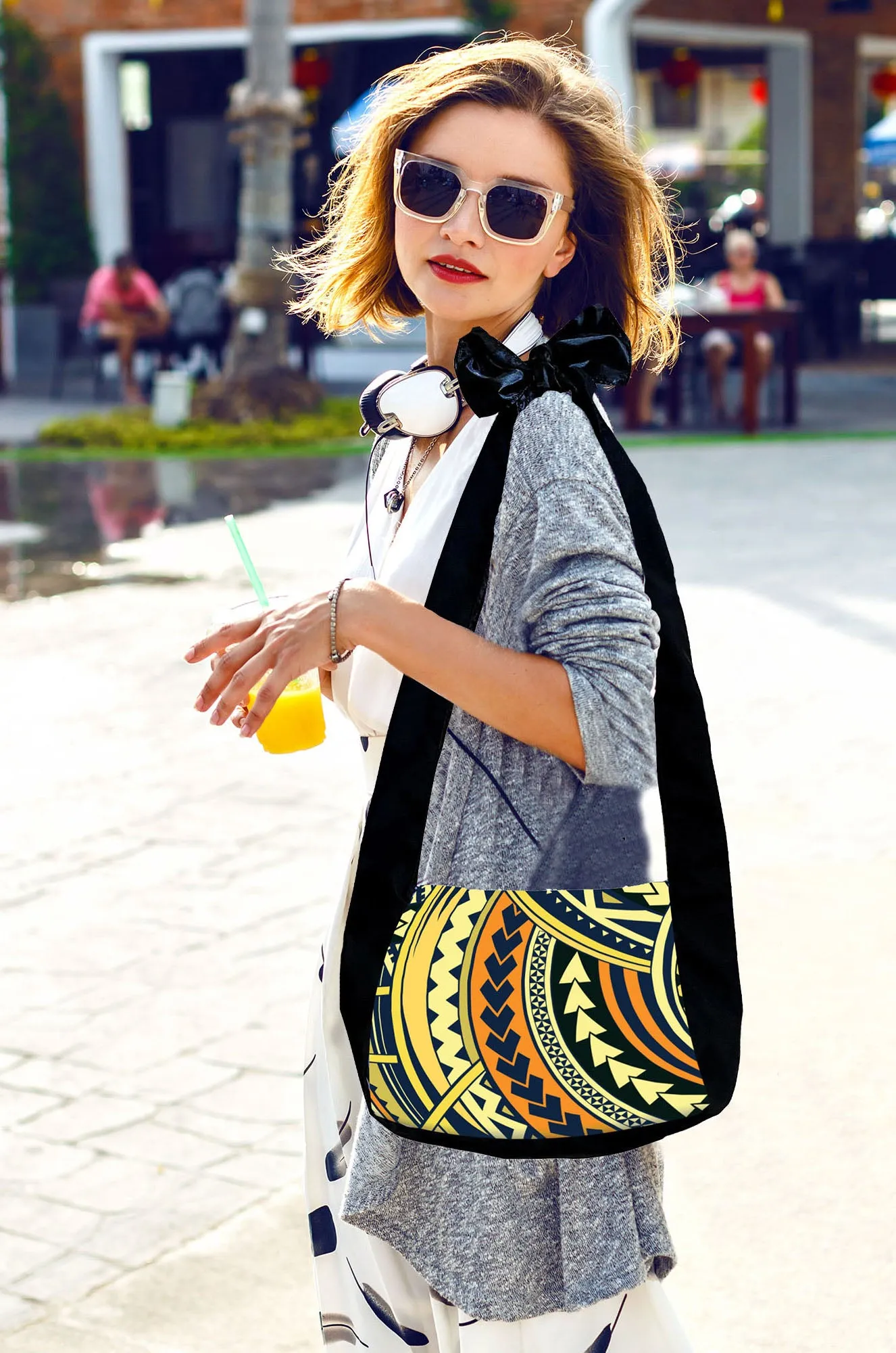 Sunne Tropical Polynesia Hawaiian Tribal Tattoo Adjustable Reversible Packable Tote Bag BLACK
