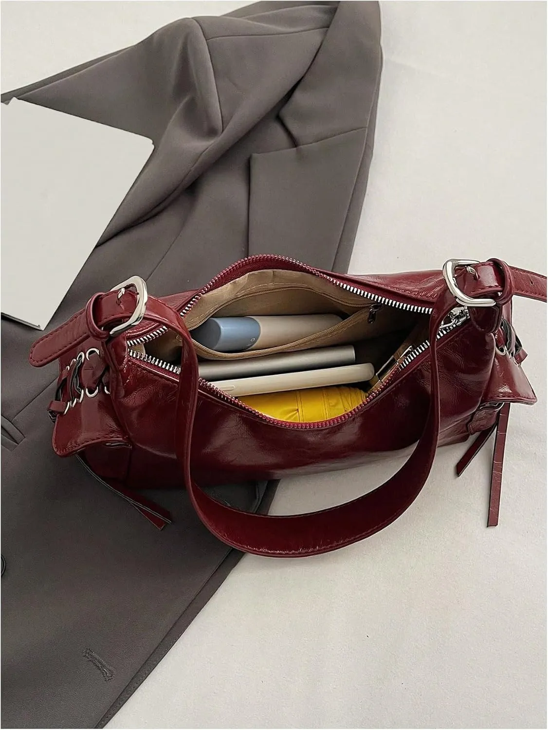 SweatyRocks Women's Retro Leather Shoulder Bags Lace Up Buckle Punk Hobo Clutch Purses