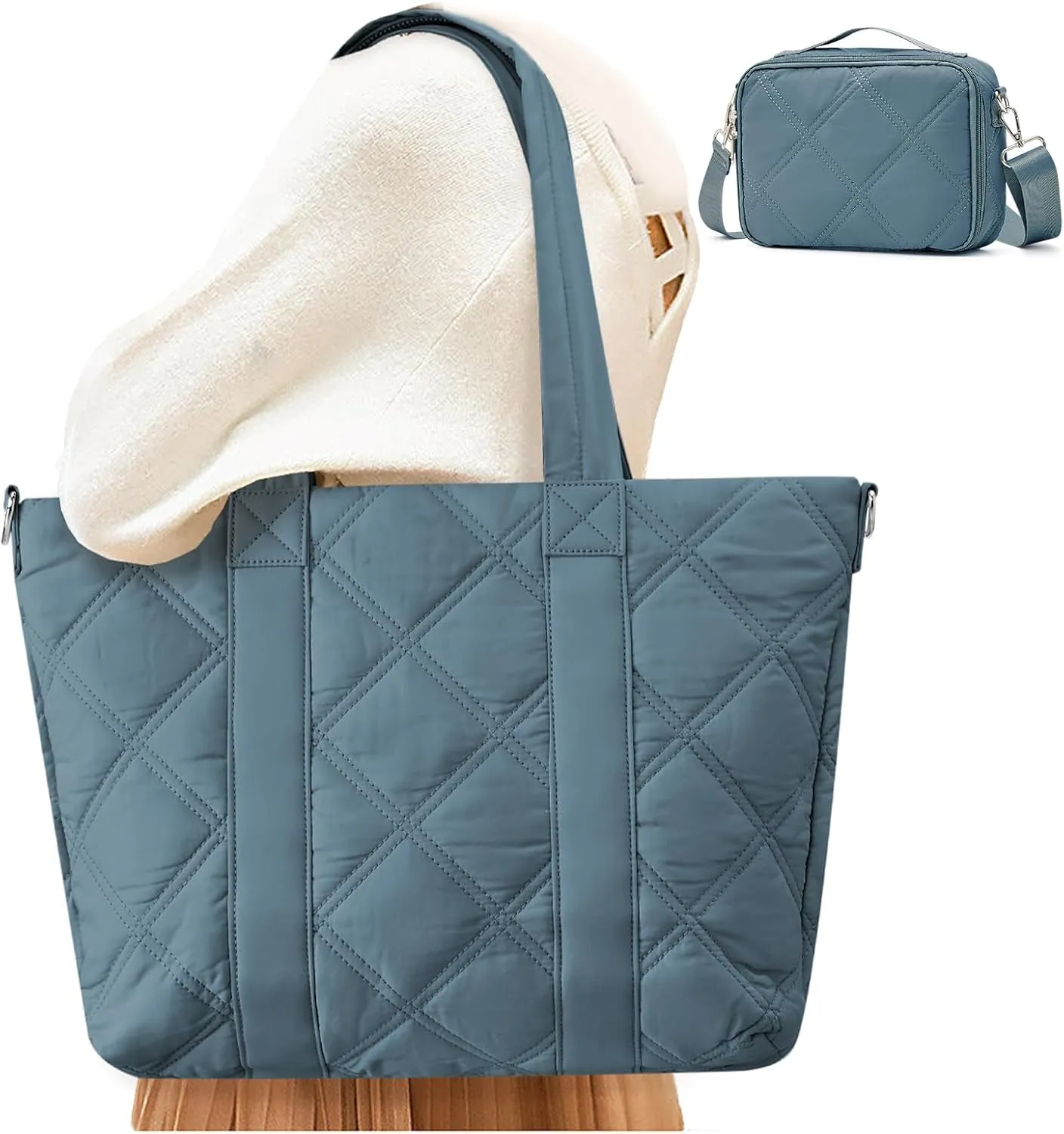 SYCNB Laptop Tote for Women, Travel Shoulder Bag with Laptop Compartment, Quilted Purse with Toiletry Bag
