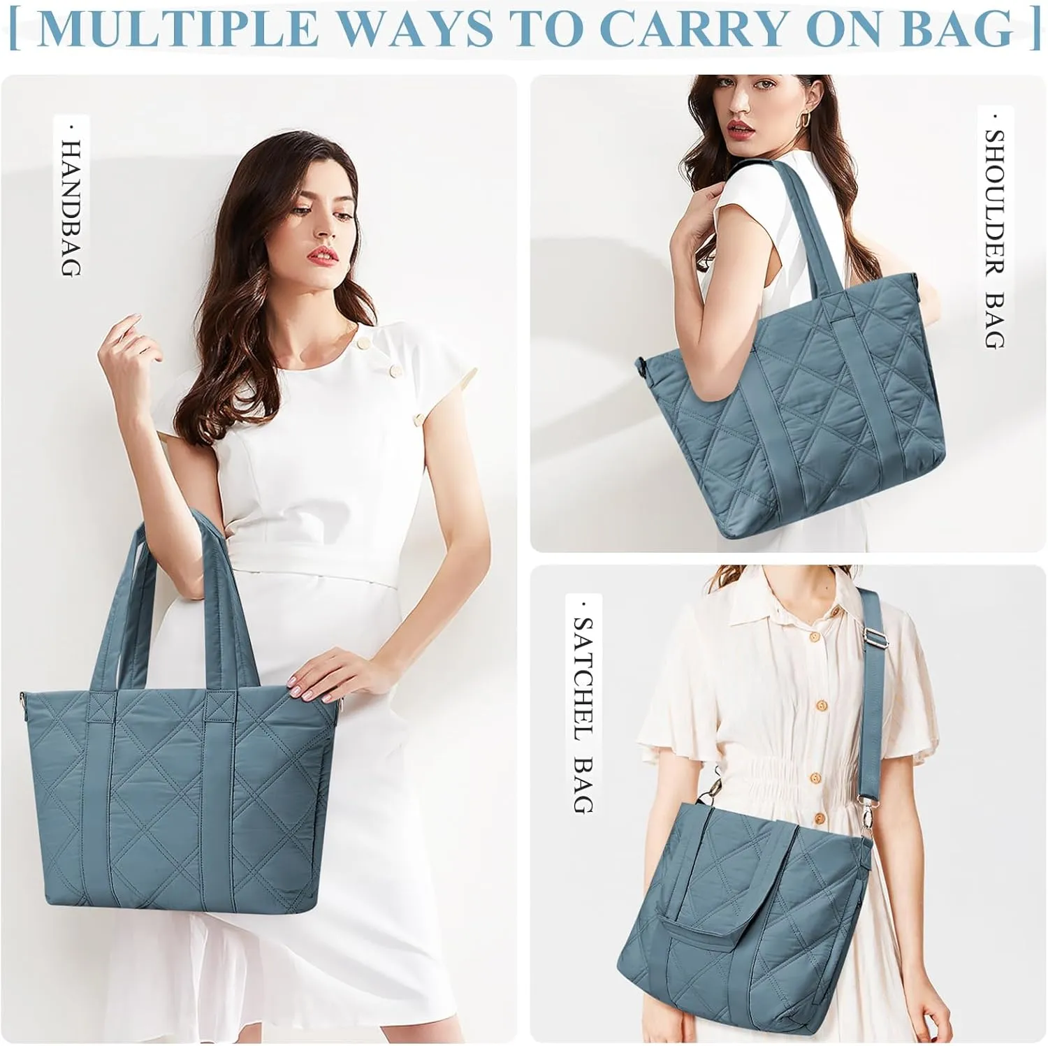 SYCNB Laptop Tote for Women, Travel Shoulder Bag with Laptop Compartment, Quilted Purse with Toiletry Bag