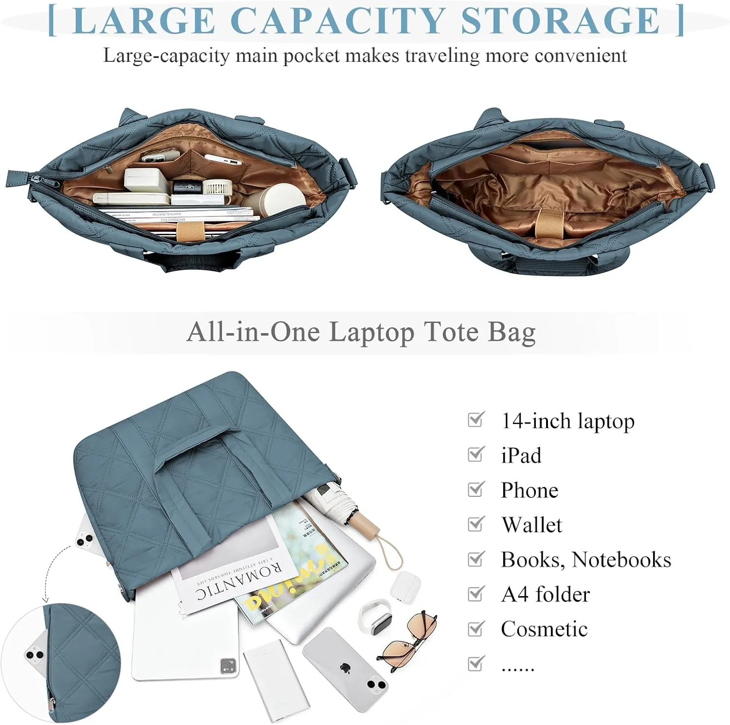 SYCNB Laptop Tote for Women, Travel Shoulder Bag with Laptop Compartment, Quilted Purse with Toiletry Bag