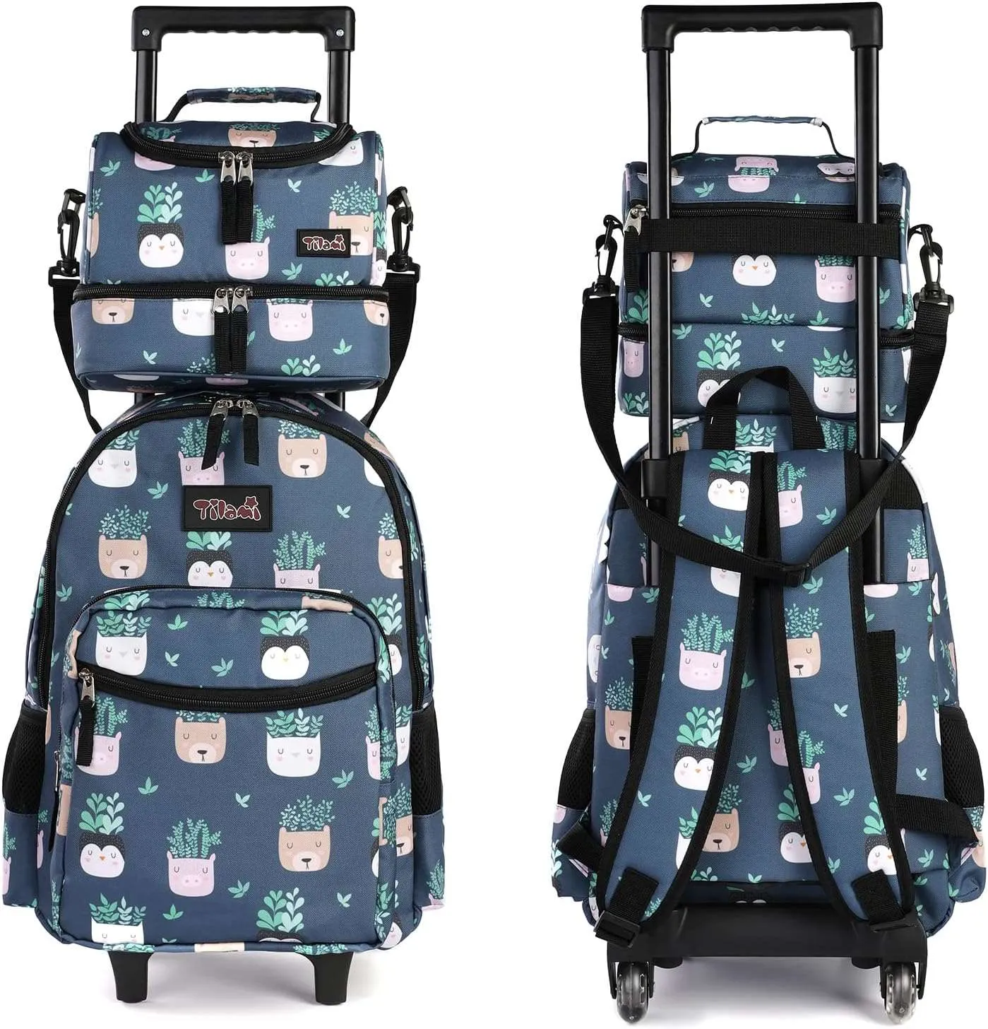 Tilami  18 inch Plants Blue Double Handle Rolling Backpack with Lunch Bag