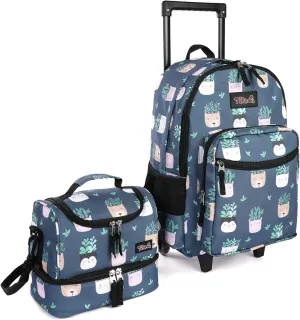 Tilami  18 inch Plants Blue Double Handle Rolling Backpack with Lunch Bag