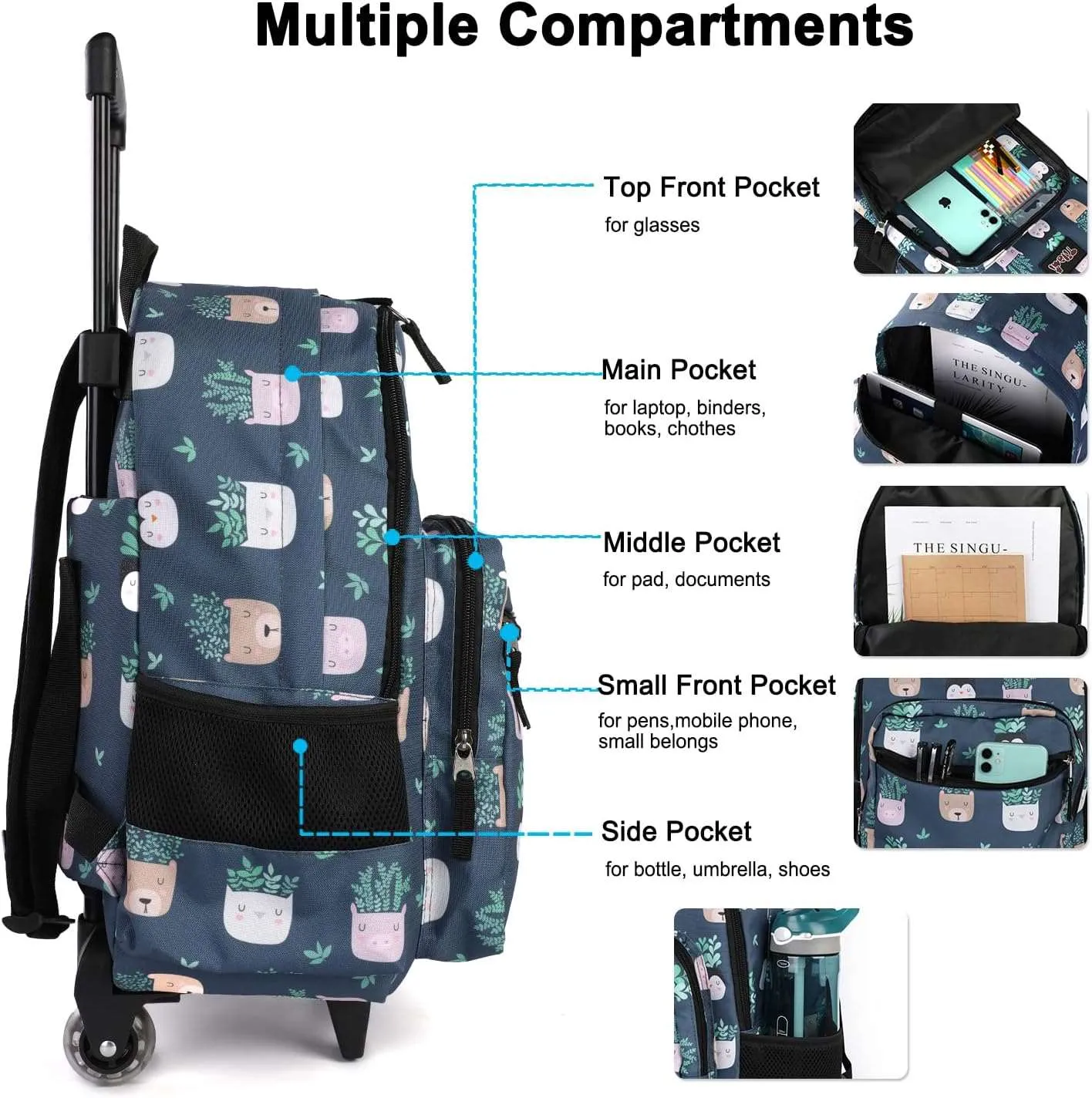 Tilami  18 inch Plants Blue Double Handle Rolling Backpack with Lunch Bag