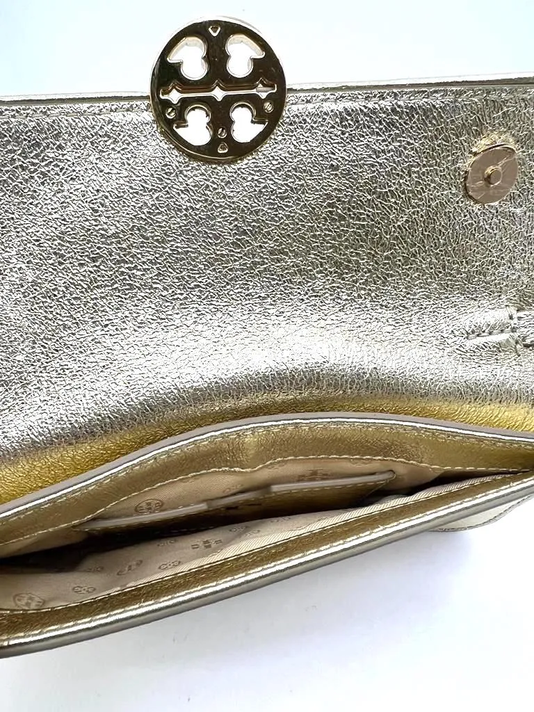 TORY BURCH METALLIC GOLD LEATHER ENVELOPE CLUTCH CHAIN BAG