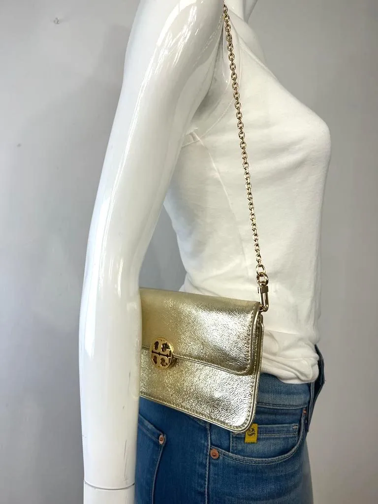 TORY BURCH METALLIC GOLD LEATHER ENVELOPE CLUTCH CHAIN BAG