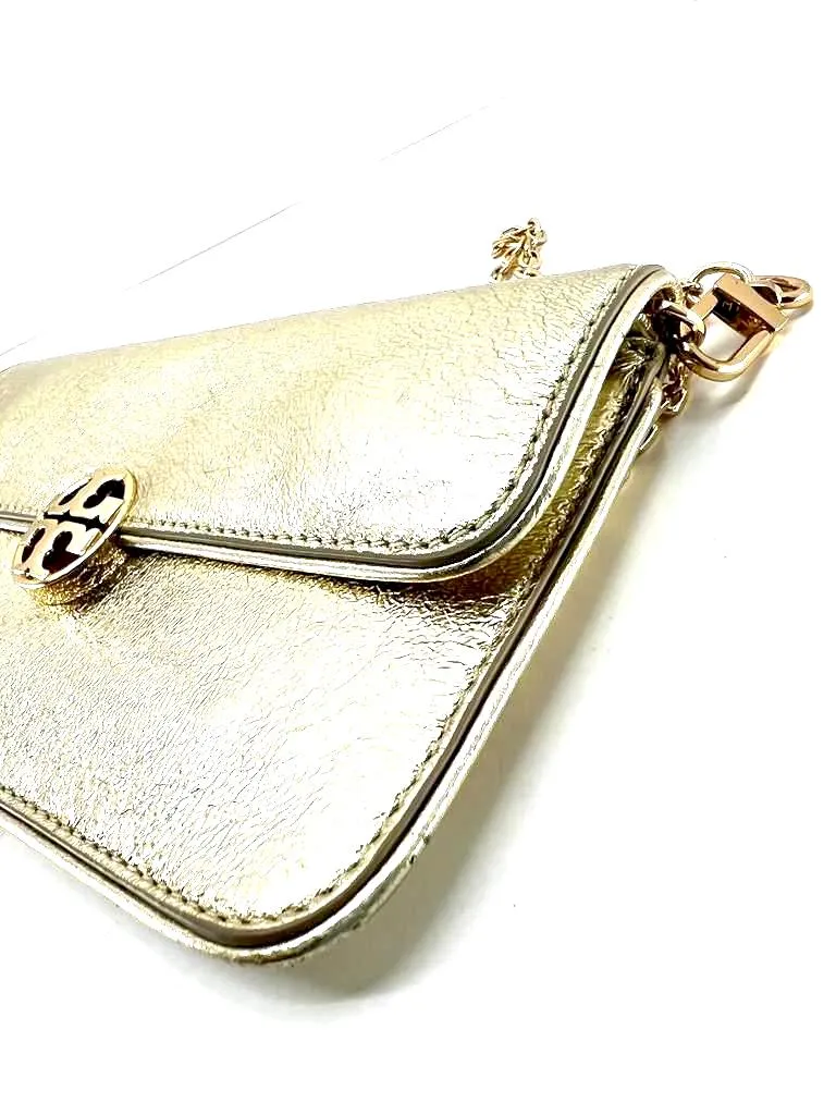 TORY BURCH METALLIC GOLD LEATHER ENVELOPE CLUTCH CHAIN BAG
