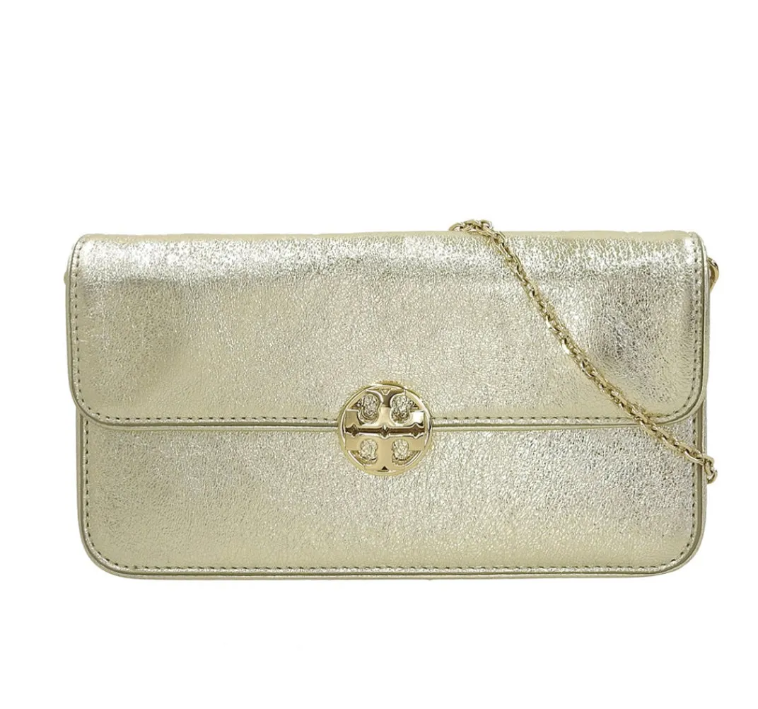 TORY BURCH METALLIC GOLD LEATHER ENVELOPE CLUTCH CHAIN BAG
