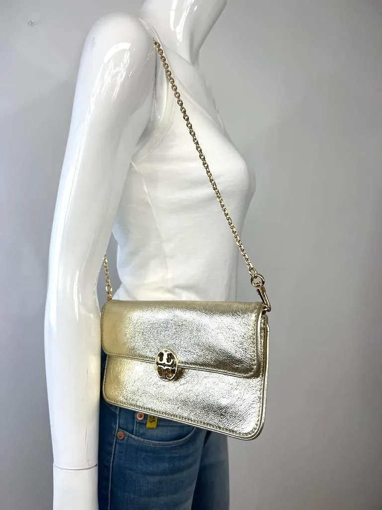 TORY BURCH METALLIC GOLD LEATHER ENVELOPE CLUTCH CHAIN BAG