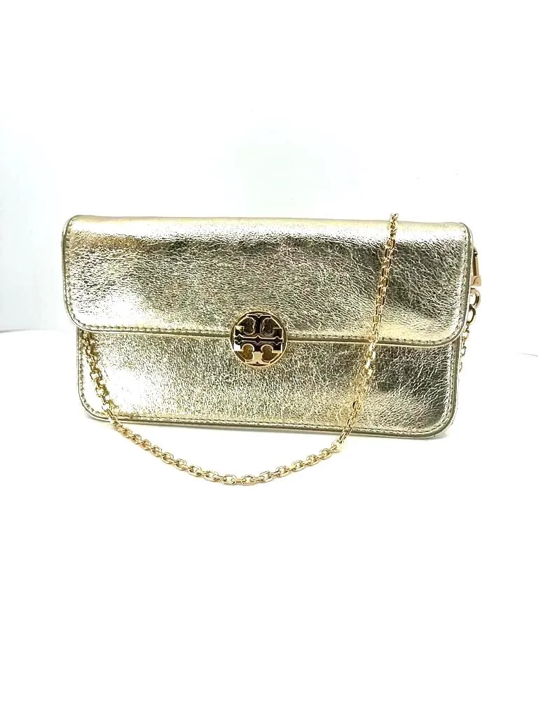 TORY BURCH METALLIC GOLD LEATHER ENVELOPE CLUTCH CHAIN BAG