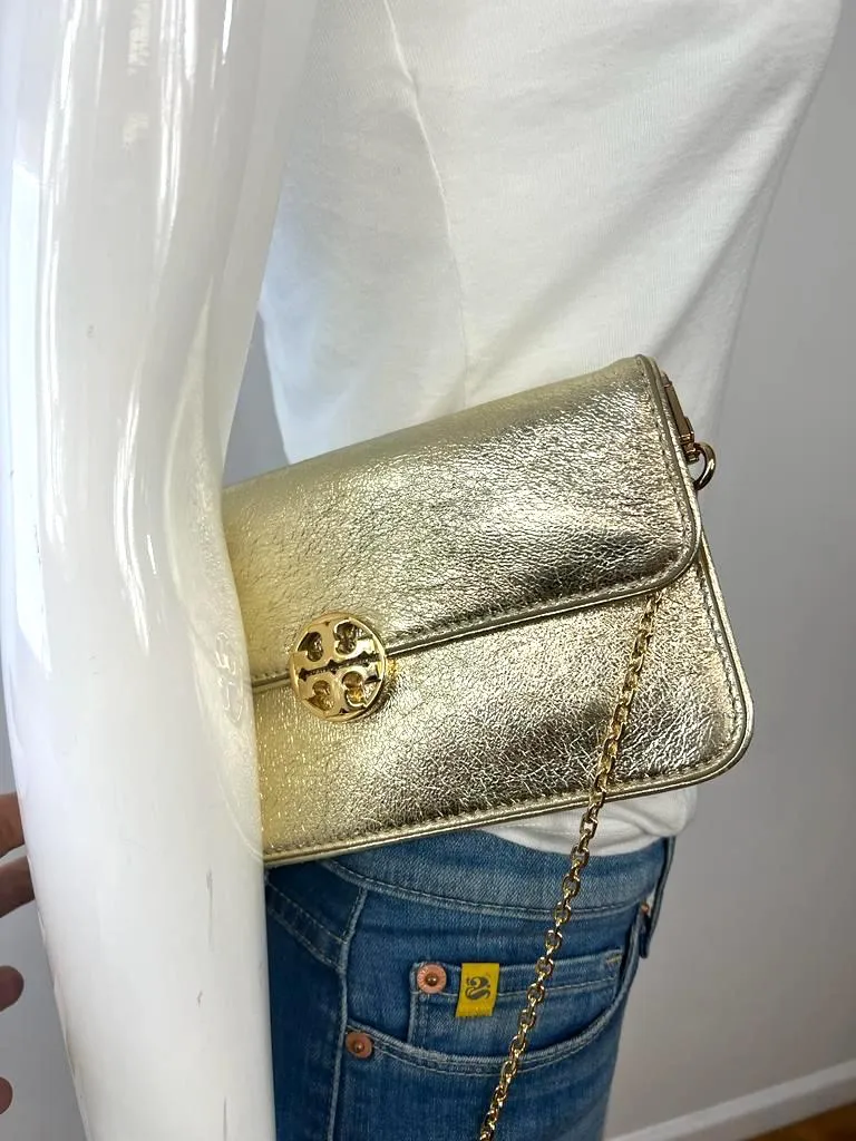 TORY BURCH METALLIC GOLD LEATHER ENVELOPE CLUTCH CHAIN BAG