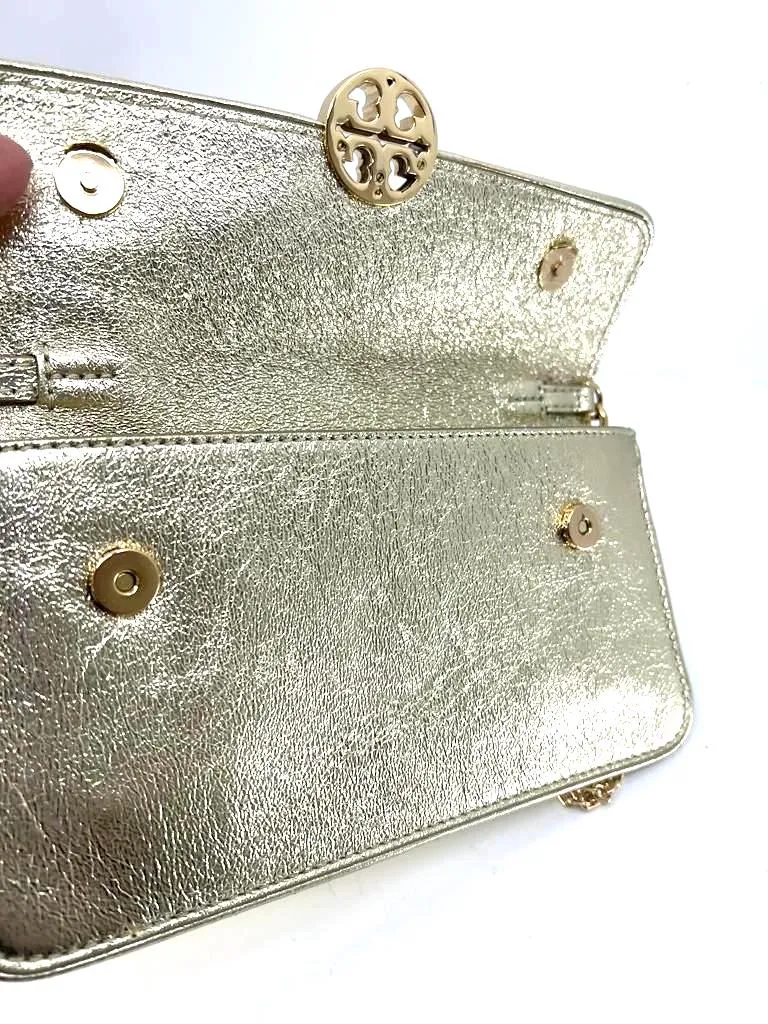 TORY BURCH METALLIC GOLD LEATHER ENVELOPE CLUTCH CHAIN BAG