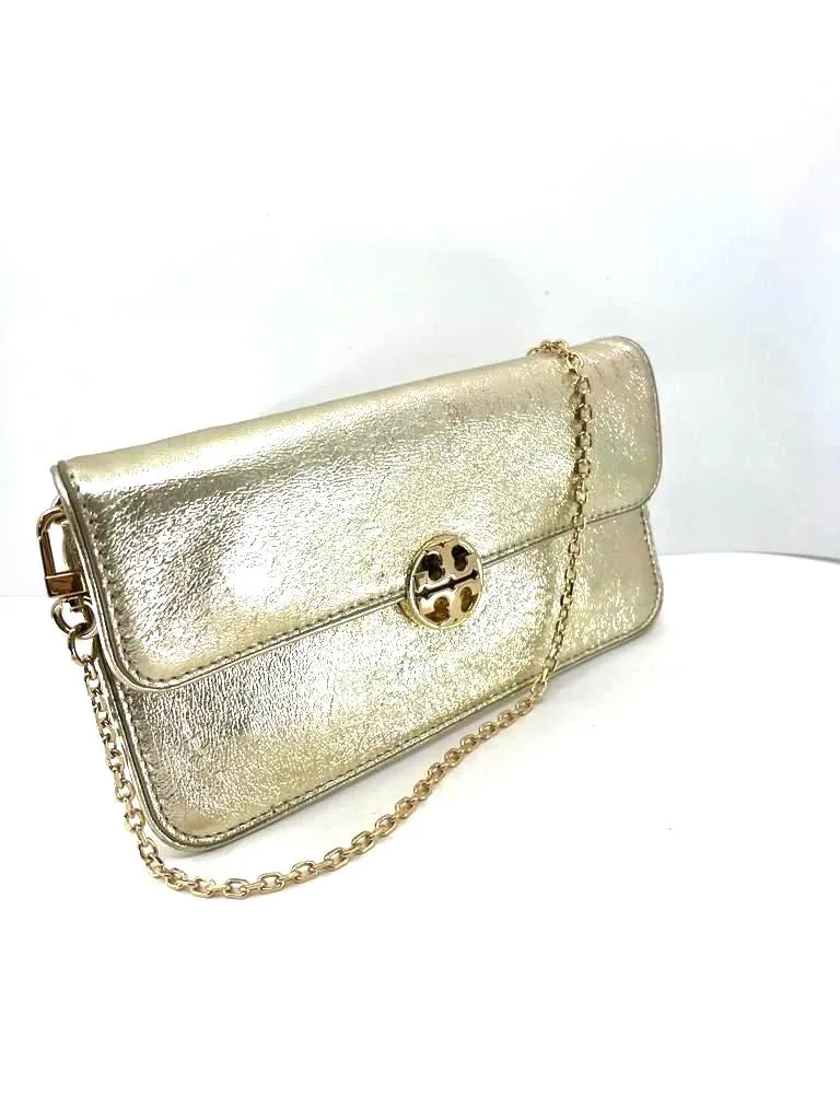 TORY BURCH METALLIC GOLD LEATHER ENVELOPE CLUTCH CHAIN BAG