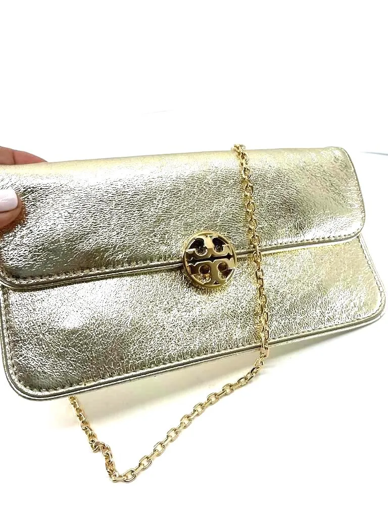TORY BURCH METALLIC GOLD LEATHER ENVELOPE CLUTCH CHAIN BAG