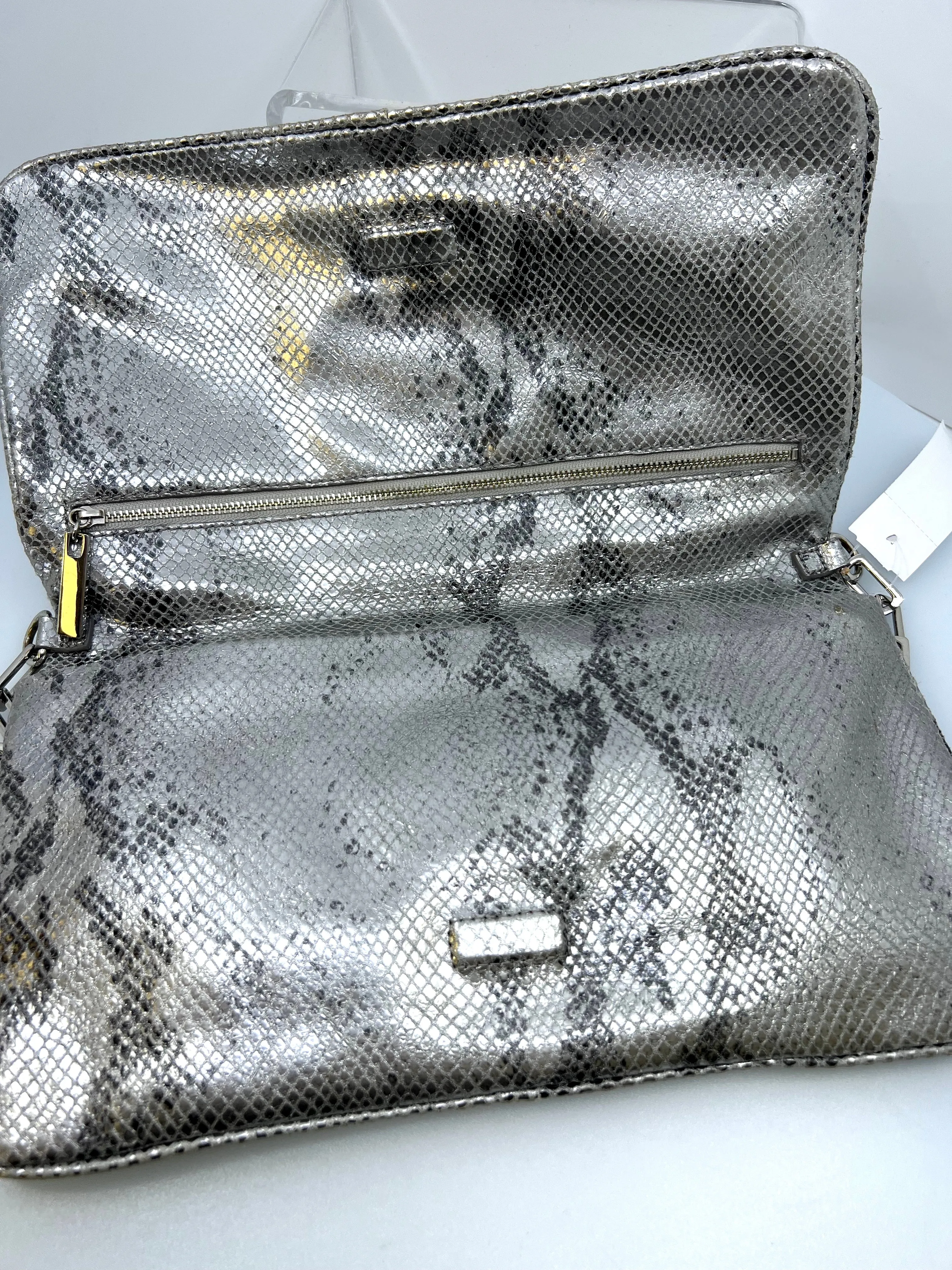 TORY BURCH METALLIC SILVER REVA CLUTCH BAG WITH CHAIN