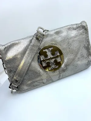 TORY BURCH METALLIC SILVER REVA CLUTCH BAG WITH CHAIN