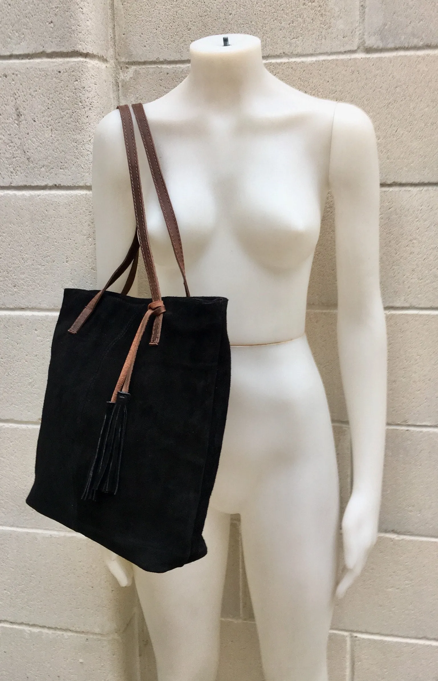 TOTE leather bag in BLACK . Genuine soft  natural suede. Black genuine leather SHOPPER bag. Laptop bag, book or tablet bag in soft suede.