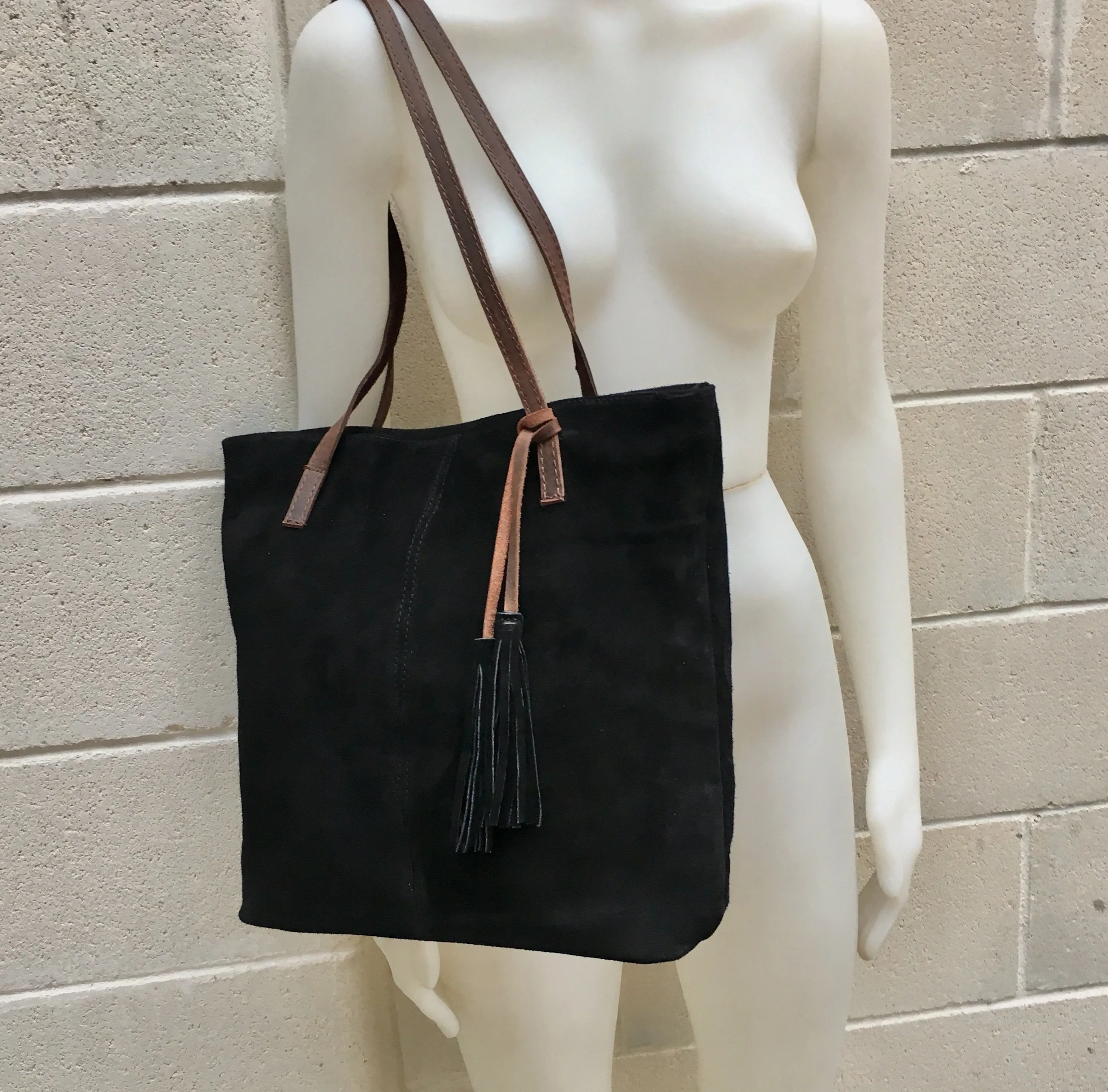 TOTE leather bag in BLACK . Genuine soft  natural suede. Black genuine leather SHOPPER bag. Laptop bag, book or tablet bag in soft suede.