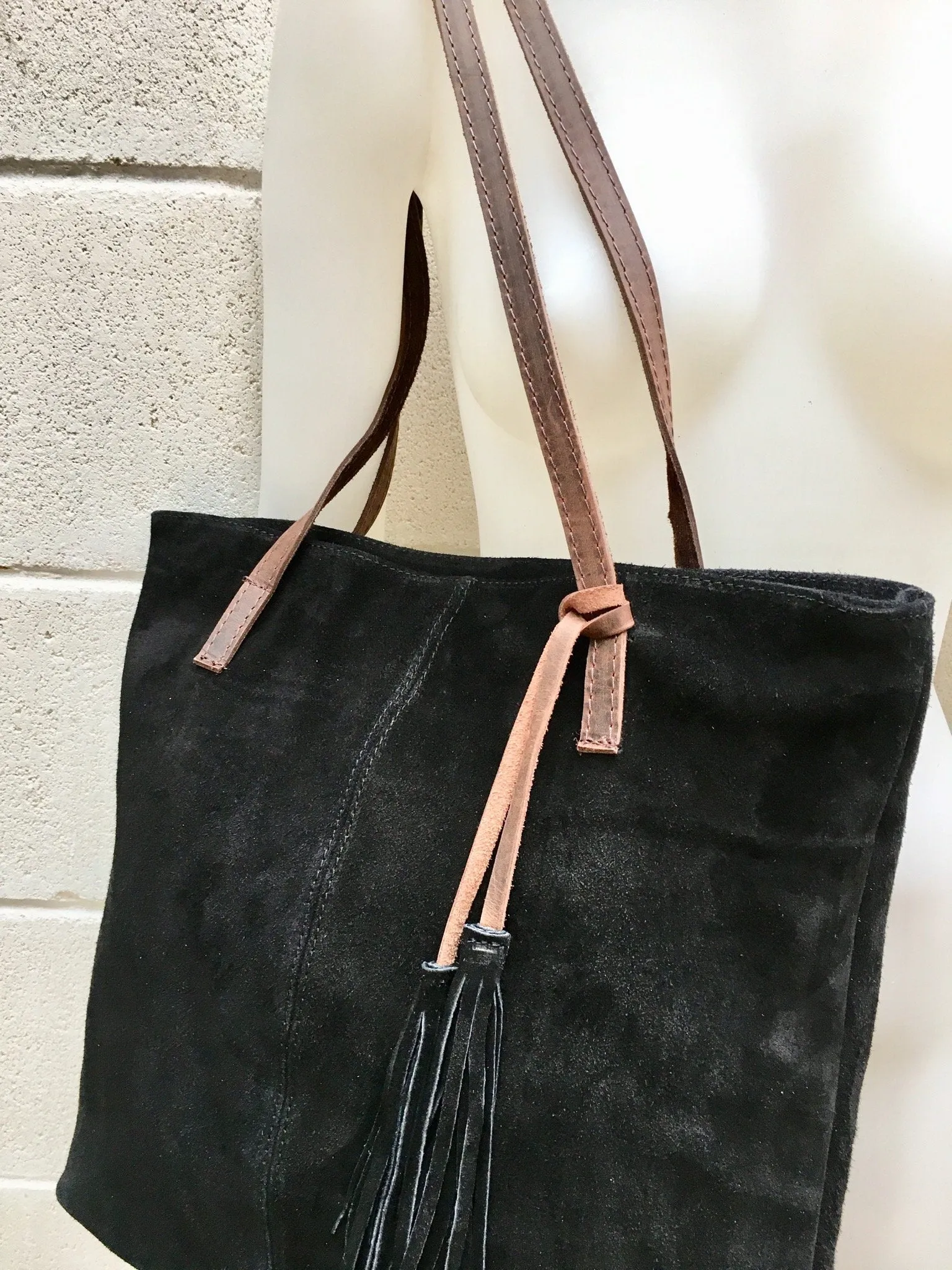 TOTE leather bag in BLACK . Genuine soft  natural suede. Black genuine leather SHOPPER bag. Laptop bag, book or tablet bag in soft suede.
