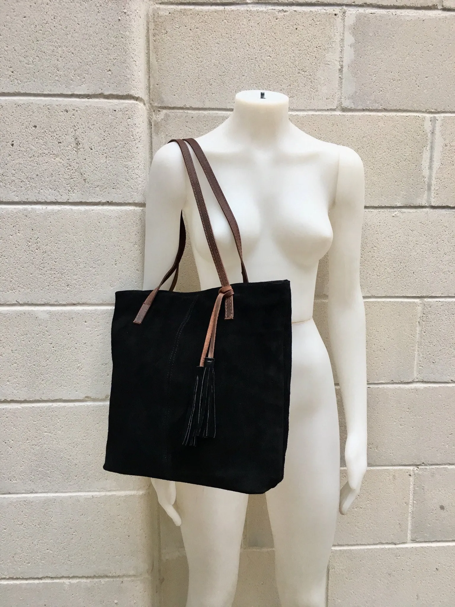 TOTE leather bag in BLACK . Genuine soft  natural suede. Black genuine leather SHOPPER bag. Laptop bag, book or tablet bag in soft suede.