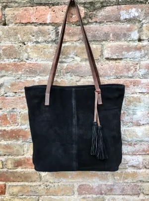 TOTE leather bag in BLACK . Genuine soft  natural suede. Black genuine leather SHOPPER bag. Laptop bag, book or tablet bag in soft suede.
