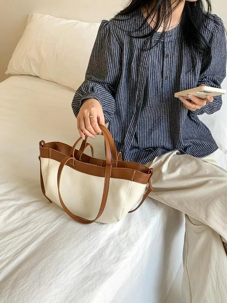 Trendy Canvas Tote Bag Women 2025 Casual Shoulder Bags Purses and Handbags Work Travel Purse Contrast Color Design