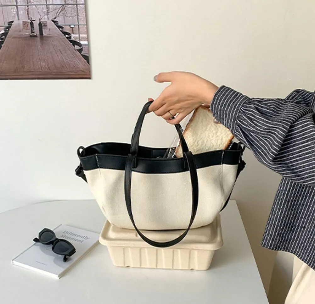 Trendy Canvas Tote Bag Women 2025 Casual Shoulder Bags Purses and Handbags Work Travel Purse Contrast Color Design