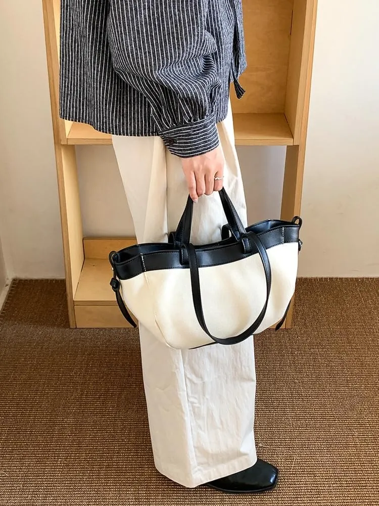 Trendy Canvas Tote Bag Women 2025 Casual Shoulder Bags Purses and Handbags Work Travel Purse Contrast Color Design