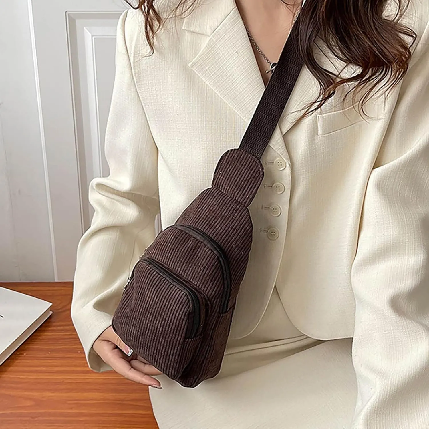 Trendy Corduroy Sling Bag Lightweight Chest Bags Versatile Crossbody Bags Anti Theft Travel Daypack for Women (Brown, One Size)