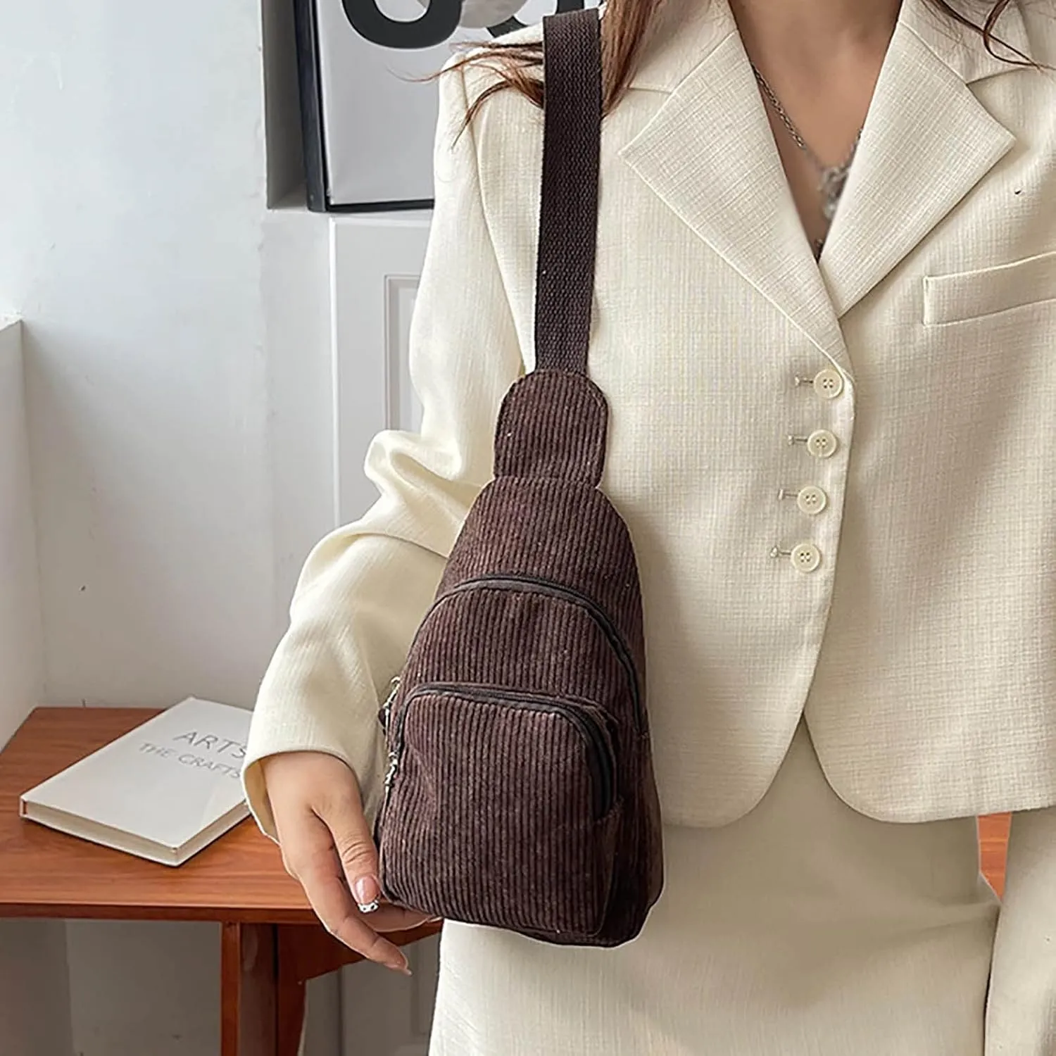 Trendy Corduroy Sling Bag Lightweight Chest Bags Versatile Crossbody Bags Anti Theft Travel Daypack for Women (Brown, One Size)