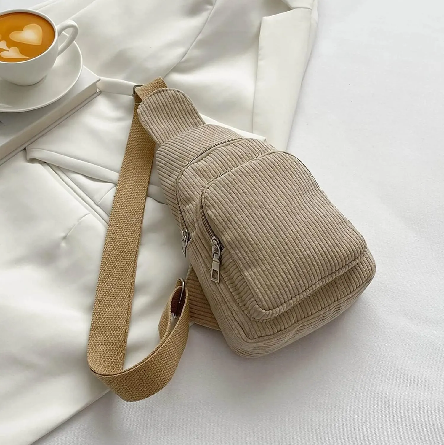 Trendy Corduroy Sling Bag Lightweight Chest Bags Versatile Crossbody Bags Anti Theft Travel Daypack for Women (Khaki, One Size)
