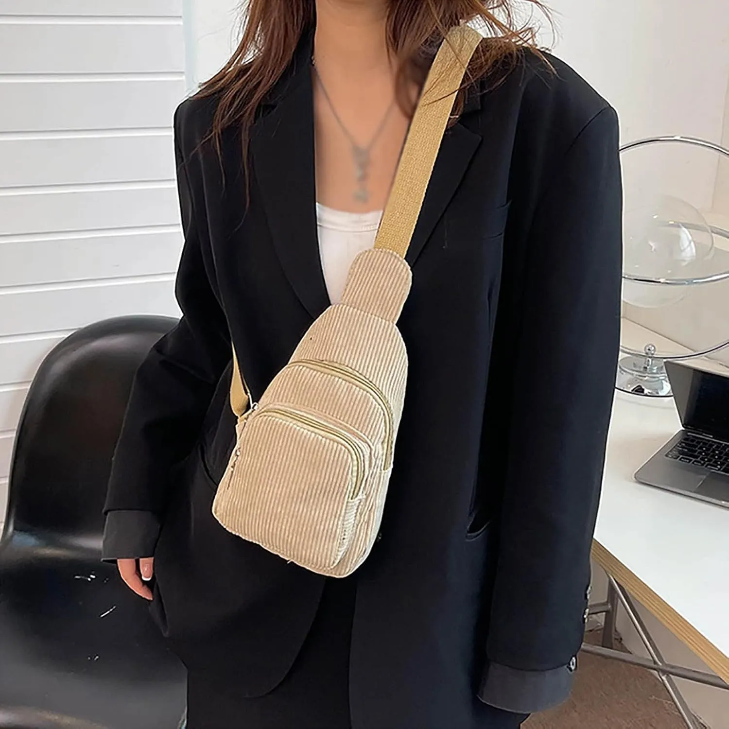 Trendy Corduroy Sling Bag Lightweight Chest Bags Versatile Crossbody Bags Anti Theft Travel Daypack for Women (Khaki, One Size)