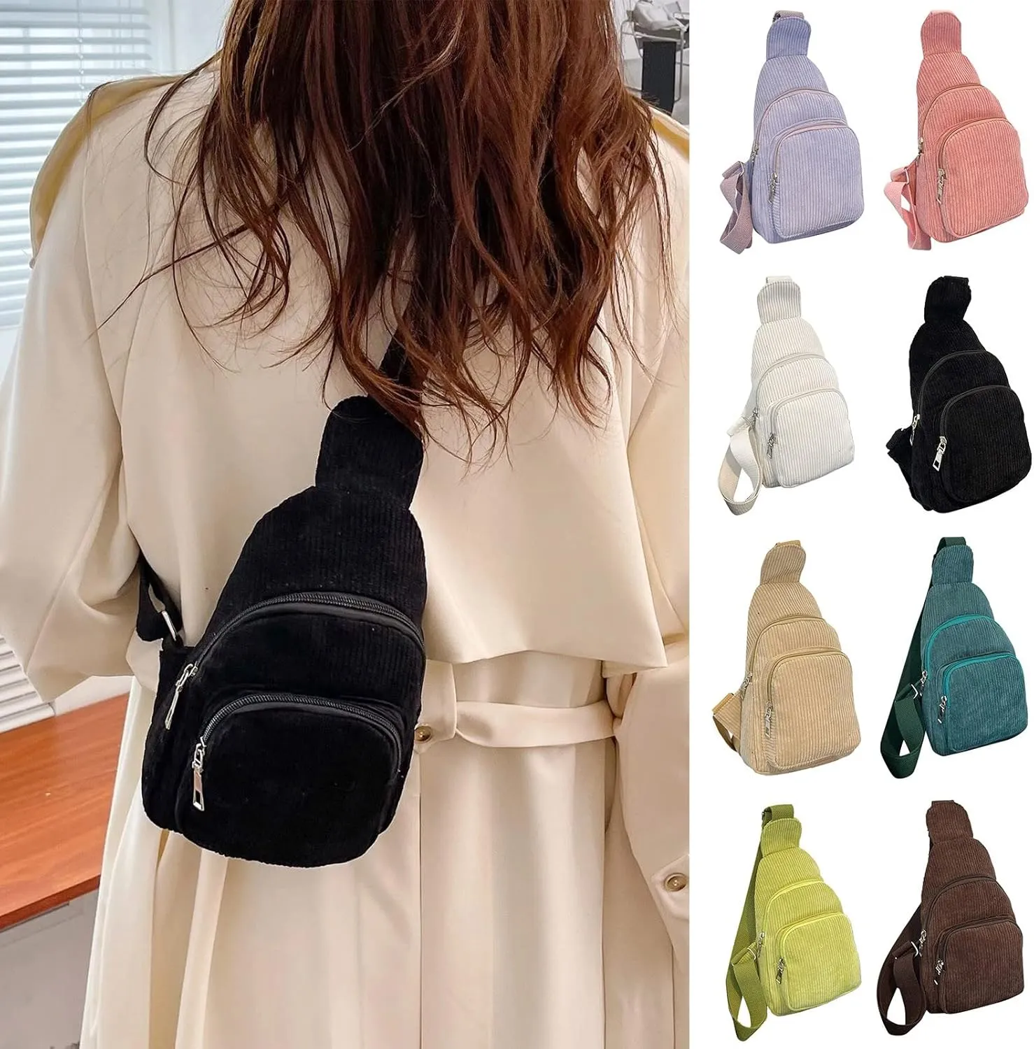 Trendy Corduroy Sling Bag Lightweight Chest Bags Versatile Crossbody Bags Anti Theft Travel Daypack for Women (Khaki, One Size)